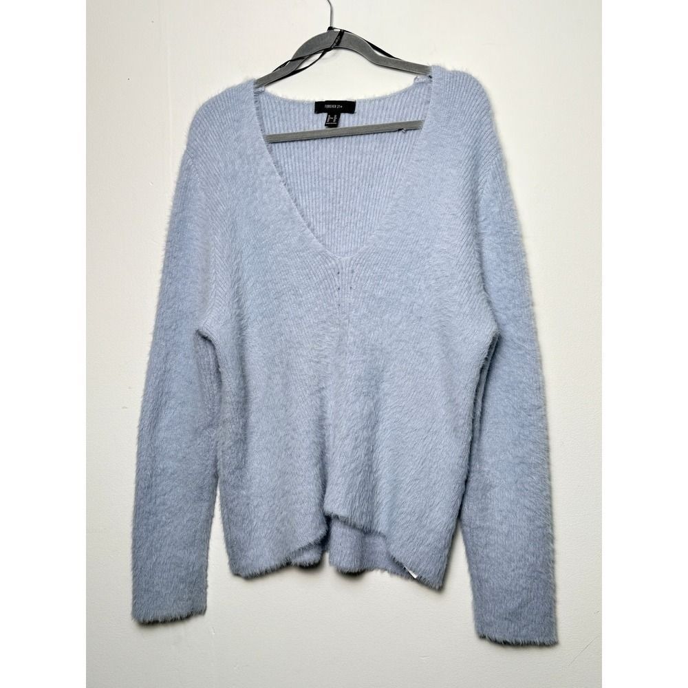 FOREVER‎ 21 PLUS Fuzzy Knit V Neck Long Sleeve Sweater Light Blue Size 3X